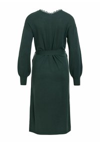 Robe midi vert foncé à manches longues avec ceinture en tissu à la taille et bordure en dentelle au col rond, vue de dos.