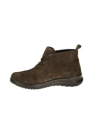 Brown suede ankle boot with lace-up front, black cushioned sole, and a rear pull tab for easier wearing.