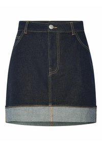 Gonna di jeans in denim scuro, dalla forma leggermente svasata e rifinita con un orlo più chiaro, caratterizzata da cuciture doppie e tasche frontali.