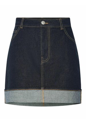 Denim svārki ar tumšu krāsu, nedaudz izplestā formā, ar viegly izbleikto malām, ar divreiz šūtu šuvēm un priekšējām kabatām.