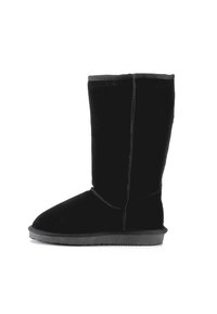 Black suede knee-high boots with a rounded toe, flat rubber sole, and visible stitching along the sides. No embellishments or patterns.