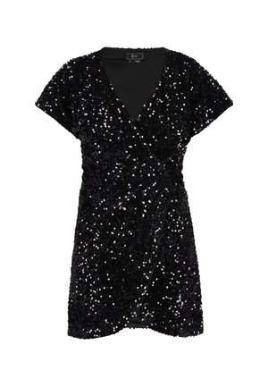 Fekete flitteres, rövid ujjú, mély V-kivágású, textúrált felszínű és testhezálló fazonú ruhát.