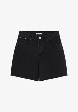 Schwarze Denim-Shorts mit hoher Taille, ausgestattet mit Kupferriegeln, einem Knopfverschluss vorne und geradem Schnitt. Keine weiteren Verzierungen.