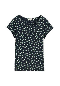 T-shirt bleu marine à manches courtes avec un large col et un motif à petits pois verts sur l'ensemble du tissu. Fabriqué en tissu léger et doux.