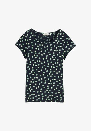 T-shirt bleu marine à manches courtes avec un large col et un motif à petits pois verts sur l'ensemble du tissu. Fabriqué en tissu léger et doux.