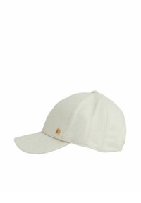 White wool cap with a curved brim, features a small gold "R" logo on the front, and stitched panel design on the upper portion.