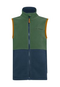 Fleeceväst med hög krage, zippered fram och färgblockerat mönster i grönt, marinblått och oranga accenter. Mjuk textur.