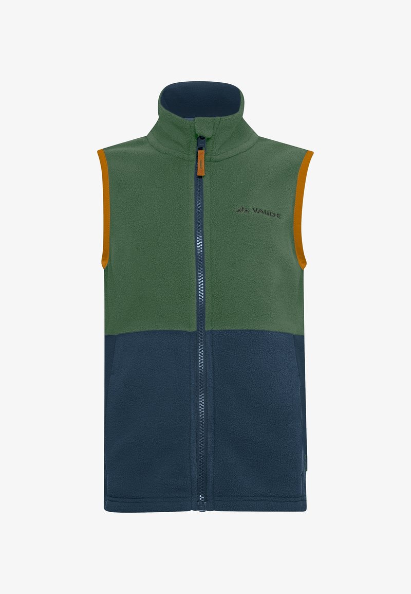 Fleece vest featuring a high collar, zippered front, and color-blocked design in green, navy, and orange accents. Soft texture.