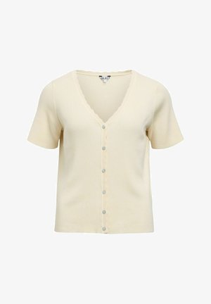 Cardigan court à manches courtes en crème côtelé avec encolure en V festonnée et rangée avant de sept petits boutons.