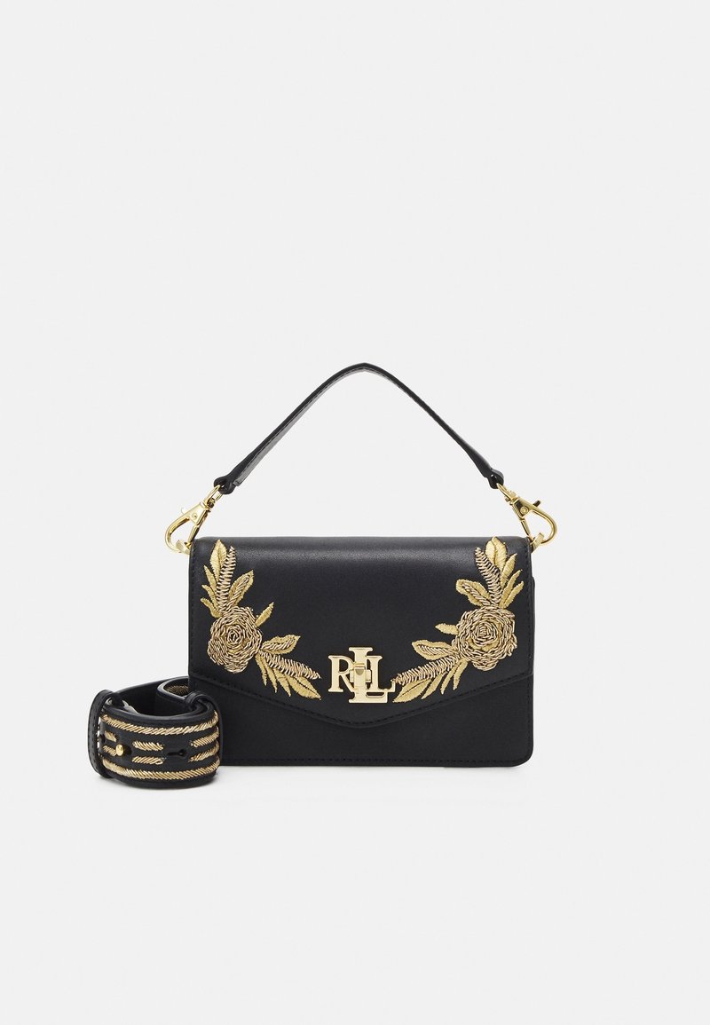 Black leather handbag with golden floral embroidery and a gold-accented logo. Features a top handle and a removable embroidered strap.