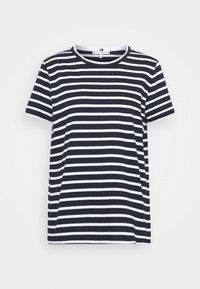 Camiseta de rayas azul marino y blanca, de manga corta, con escote redondo, en material de algodón, que presenta rayas uniformes y un corte relajado.