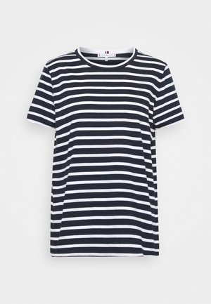 Navy and white striped t-shirt, short sleeves, round neckline, cotton material, featuring even stripes and a relaxed fit.