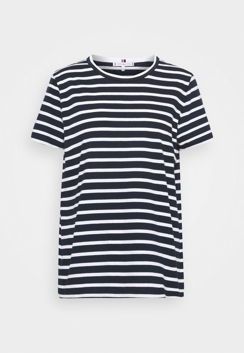 Camiseta de rayas azul marino y blanca, de manga corta, con escote redondo, en material de algodón, que presenta rayas uniformes y un corte relajado.