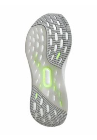 Suola di scarpa con una base in gomma traslucida, battistrada grigio con texture e dettagli verde brillante. Presenta scanalature flessibili per una migliore aderenza.