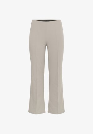 Light gray flared pants made from a soft, stretchy material. Features vertical seams and an elastic waistband for comfort.