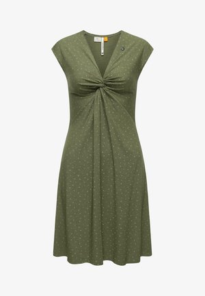Olive green dress made of soft fabric, featuring a knot detail at the front, cap sleeves, and small white polka dots throughout.