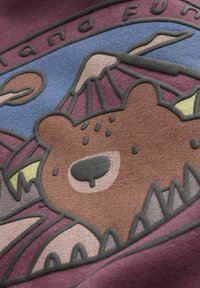 Tekstilmærke med et bjørne design i brunt på en flerfarvet baggrund af blå og lilla, med geometriske former og accenter.