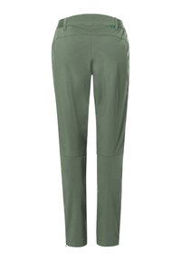 Groene, lichte, rekbare broek met een rechte pasvorm, elastische tailleband en ritsboorden. Gladde textuur en minimale stikdetails.