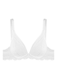 White lace bra with a triangular cup shape, featuring delicate floral patterns and a scalloped lace trim along the band and edges.