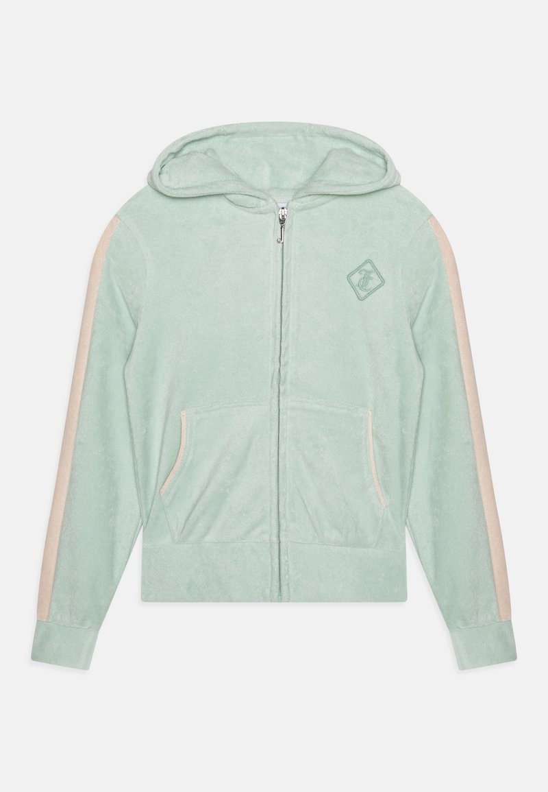 Sweat à capuche zippé vert menthe en matière douce, avec des bandes latérales beiges, des poches avant et une capuche ornée d'un petit logo.