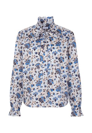 Bluse med lange ærmer i blåt og brunt blomstermønster, med høj flæsekant og sløjfe foran.