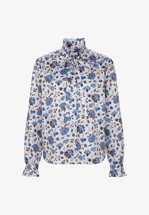 Langärmlige Bluse mit blauem und braunem Blumenmuster, hohem Rüschenkragen und vorne gebundenem Schleifenband.
