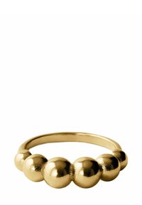 Anillo de oro con una banda lisa y cinco acentos esféricos de diferentes tamaños, con un acabado pulido y una bola central texturizada.