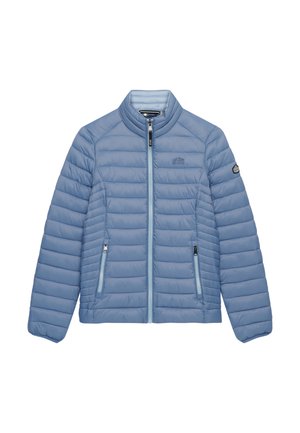 Lichtblauwe gewatteerde jas met opstaande kraag, horizontale stiksels, ritssluiting aan de voorkant en twee zijzakken met ritsen.