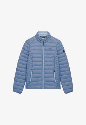 Lichtblauwe gewatteerde jas met opstaande kraag, horizontale stiksels, ritssluiting aan de voorkant en twee zijzakken met ritsen.