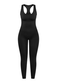 Zwarte bodysuit met een aansluitend ontwerp, racerback bandjes en lange benen. Gemaakt van een rekbare, gladde stof.