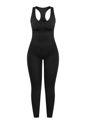 Bodysuit noir avec un design ajusté, des bretelles style dos nageur, et des jambes longues. Fabriqué à partir d'un tissu extensible et lisse.