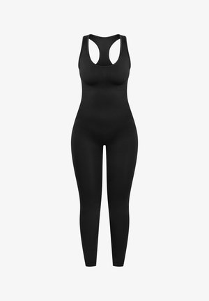 Body nero con un design aderente, spalline a racerback e gambe lunghe. Realizzato in un tessuto elastico e morbido.