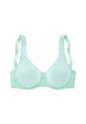 Mintgrüner BH mit floraler Spitze, glatten Cups, verstellbaren Trägern und einem kleinen Schleifendetail in der Mitte. Weicher Stoff und nahtloses Design.