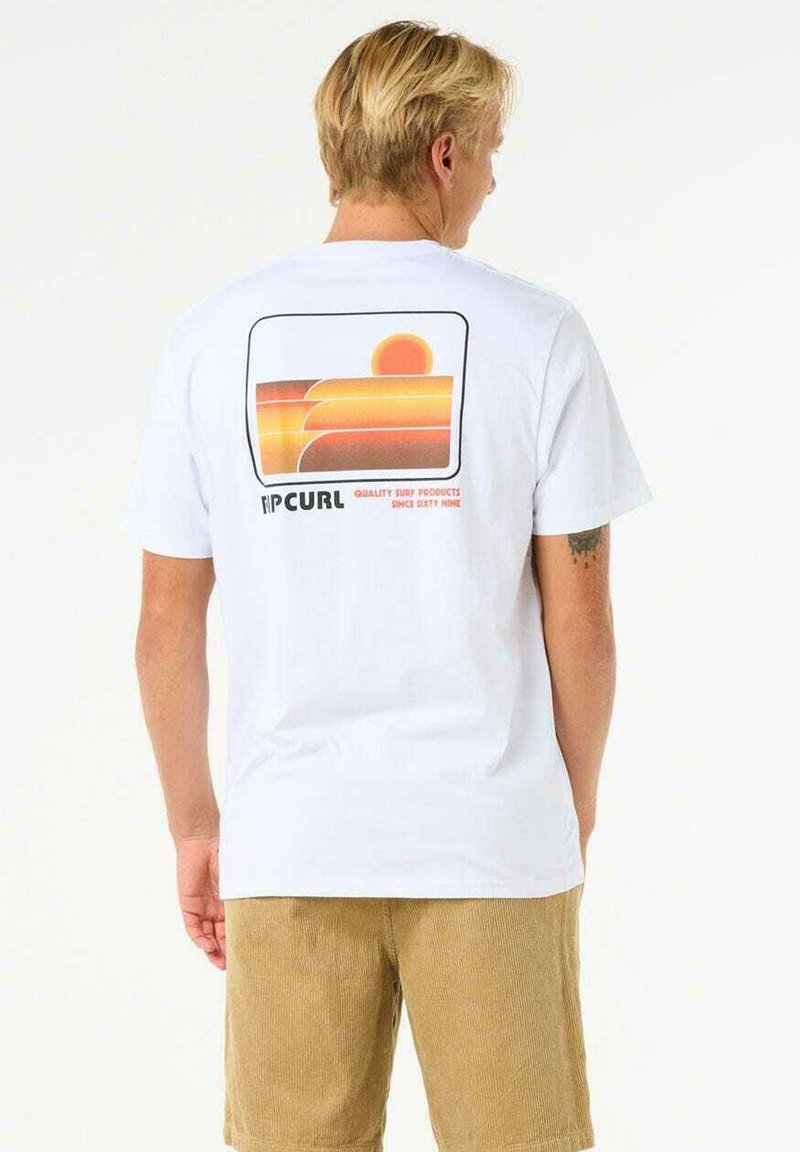 White cotton t-shirt with a retro sunset graphic in orange and yellow on the back, featuring the "Rip Curl" logo in black.