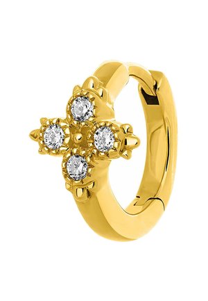 Pendiente de aro dorado con un diseño de cruz, adornado con cuatro piedras preciosas redondas y transparentes, montadas en un marco texturizado inspirado en flores. Acabado pulido.