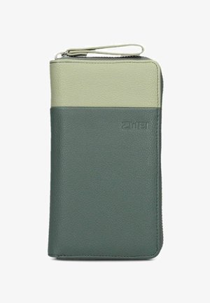 Green and light green leather wallet with textured surface, zip closure, and wrist strap. Features embossed branding.