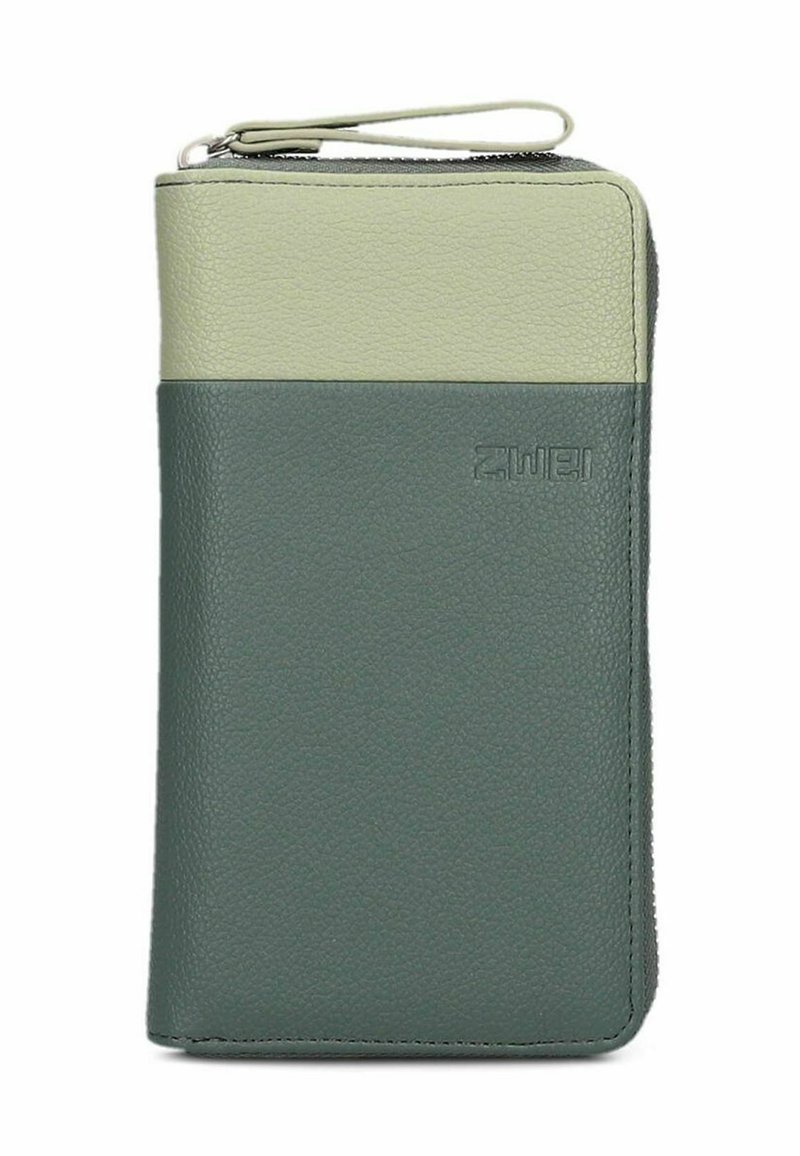 Portafoglio in pelle verde e verde chiaro con superficie testurizzata, chiusura con zip e tracolla. Presenta un marchio in rilievo.