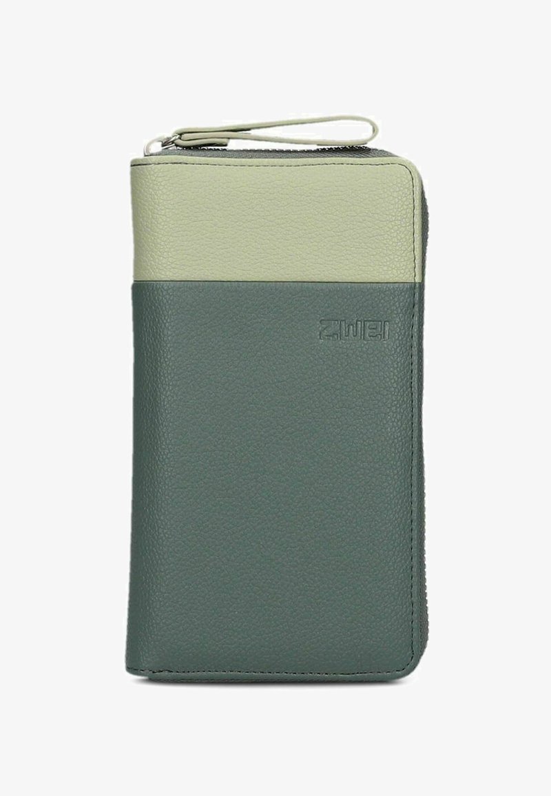 Portafoglio in pelle verde e verde chiaro con superficie testurizzata, chiusura con zip e tracolla. Presenta un marchio in rilievo.
