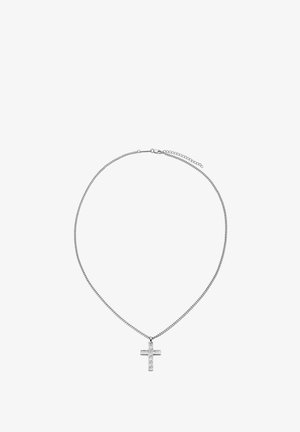 Sølvkjede med et teksturert korsanheng hengende i midten, med justerbar lås.