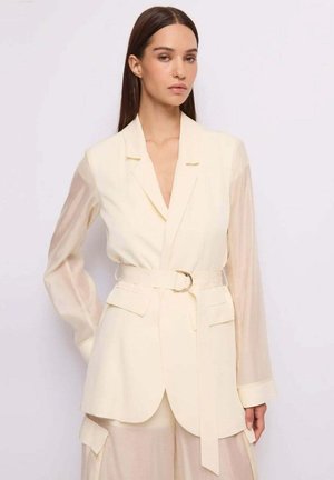 Donna con lunghi capelli scuri che indossa un blazer crema con cintura e maniche lunghe trasparenti abbinato a pantaloni ampi trasparenti.