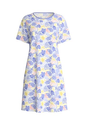 Kurzärmeliges Kleid mit rundem Ausschnitt, versehen mit einem bunten tropischen Muster aus Blättern und Wellen in Blau, Gelb und Rosa auf weißem Hintergrund.
