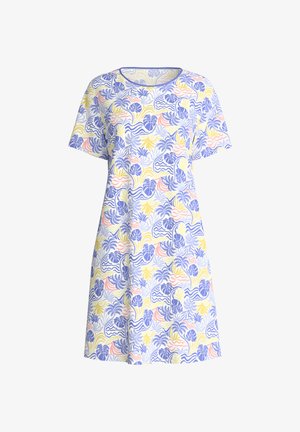 Jurk met korte mouwen en ronde hals, voorzien van een kleurrijk tropisch patroon met bladeren en golven in blauw, geel en roze op een witte achtergrond.
