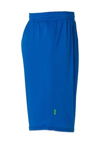 Shorts de sport bleus en tissu léger et respirant. Dotés d'une taille élastique et d'une petite étiquette de marque verte sur le côté gauche.