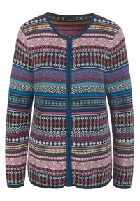 Gebreide cardigan met een ritssluiting aan de voorkant, meerkleurige geometrische en bloemmotieven op een marineblauwe achtergrond, met geribbelde boorden en zoom.