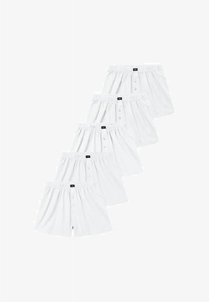 Weiße Baumwollboxershorts im Fünferpack, ausgestattet mit einem elastischen Bund, einer Frontknopfverschluss und einer glatten Textur mit einem schlichten Design.