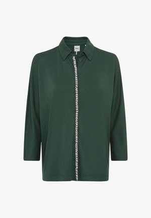 Dunkelgrünes, leichtes Hemd mit Kragen, Dreiviertelärmeln und geradem Schnitt. Verfügt über eine dekorative Knopfleiste auf der Vorderseite.