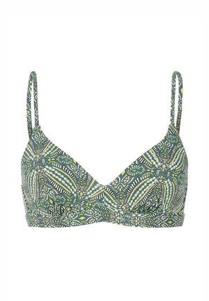 Top bikini verde a fantasia con forma triangolare, spalline sottili regolabili e disegni intricati in bianco e giallo.