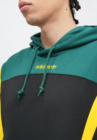 Mladá osoba s vrkočmi, oblečená v zelenej, čiernej a žltej mikine Adidas s kapucňou, so sťahovacími šnúrkami a žltým logom na hrudi.