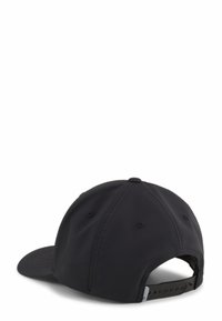 Fekete baseball sapka sima szövetfelszímmel, ívelt szélekkel és patentos záródással. Szellőzőlyukakkal és varrási részletekkel rendelkezik.