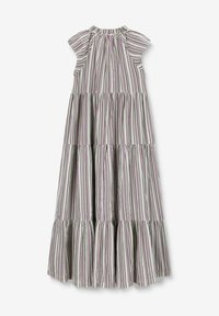 Robe maxi rayée à manches courtes, présentant des volants en cascades et un décolleté froncé. Les couleurs comprennent des rayures vertes, blanches et violettes.